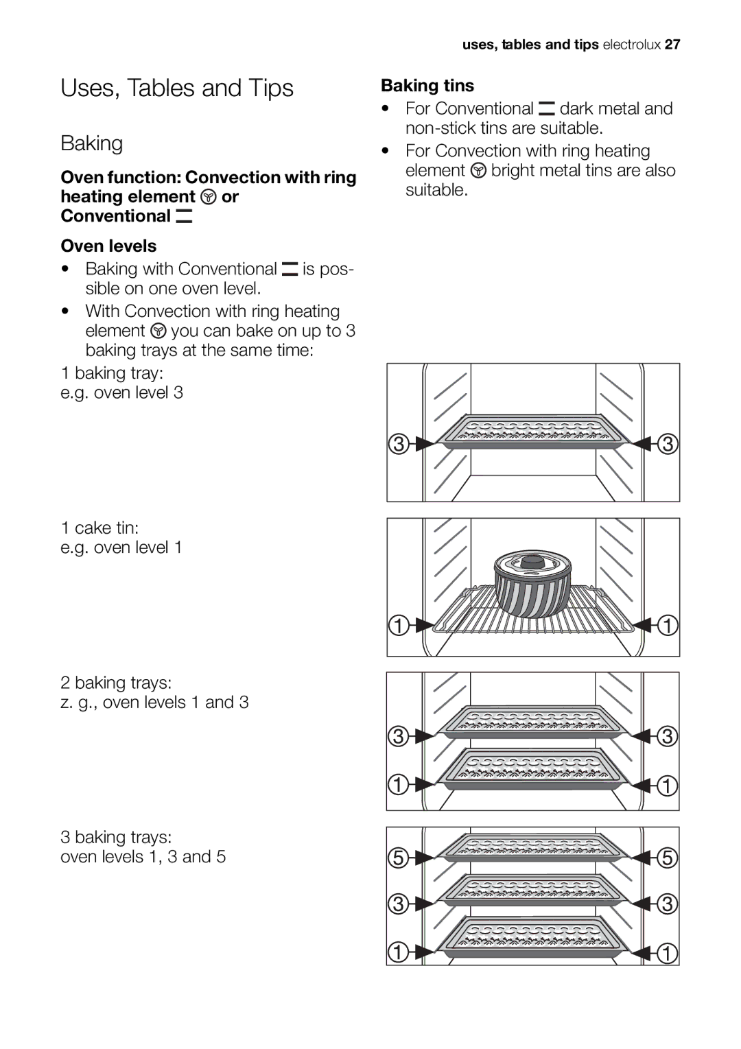 Electrolux EOC65101 user manual Uses, Tables and Tips, Baking 