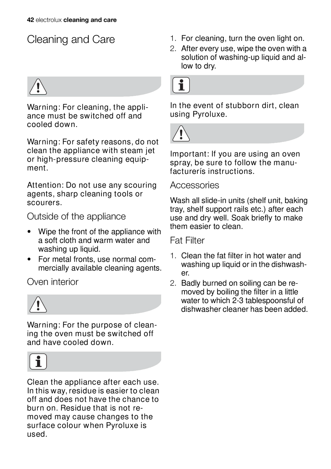 Electrolux EOC65101 user manual Cleaning and Care, Outside of the appliance, Oven interior, Accessories, Fat Filter 