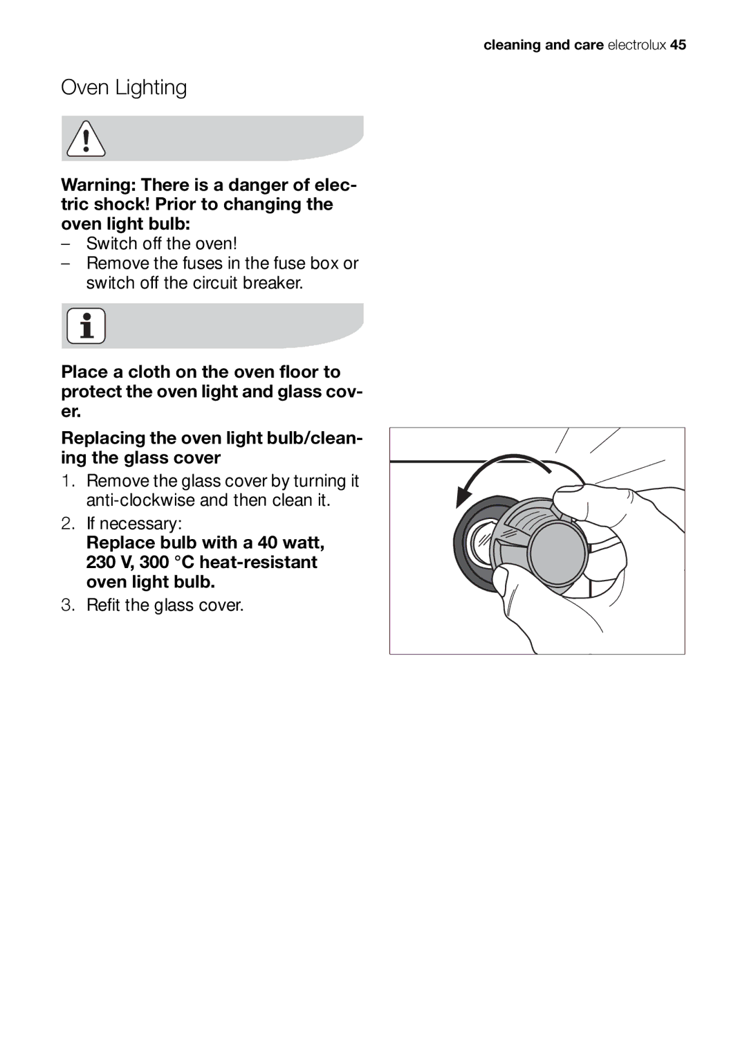 Electrolux EOC65101 user manual Oven Lighting 