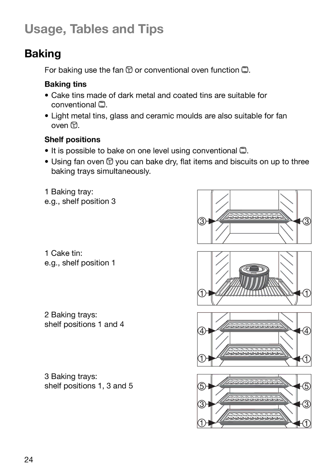 Electrolux EOC6630 manual Usage, Tables and Tips, Baking tins, Shelf positions 