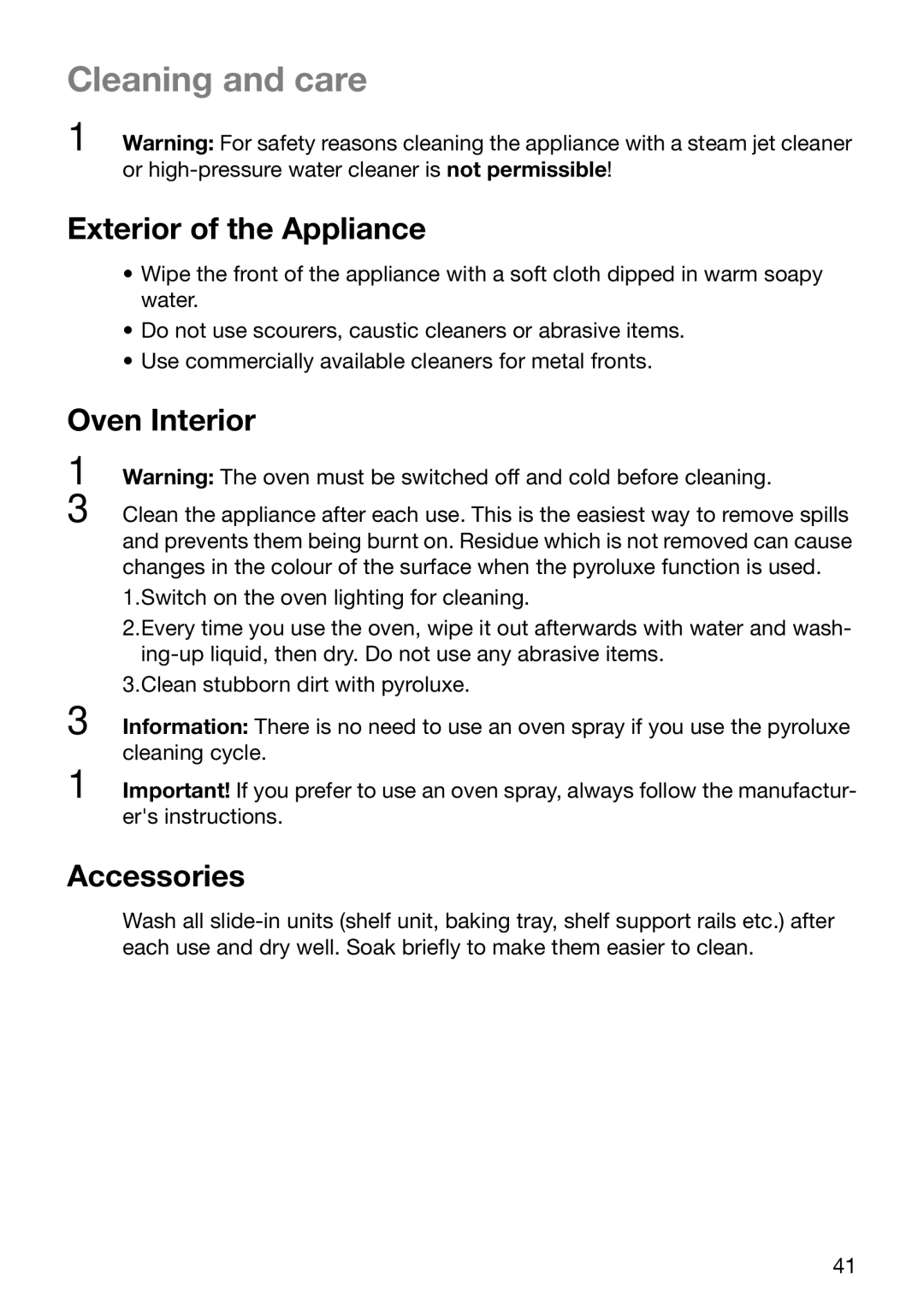 Electrolux EOC6630 manual Cleaning and care, Exterior of the Appliance, Oven Interior, Accessories 