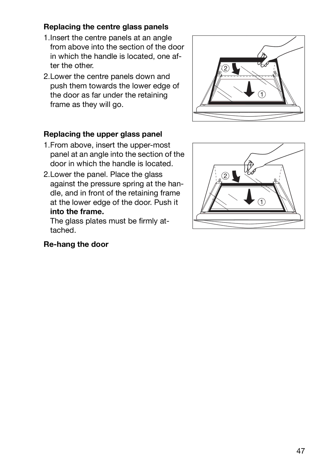 Electrolux EOC6630 manual Replacing the centre glass panels, Replacing the upper glass panel, Re-hang the door 