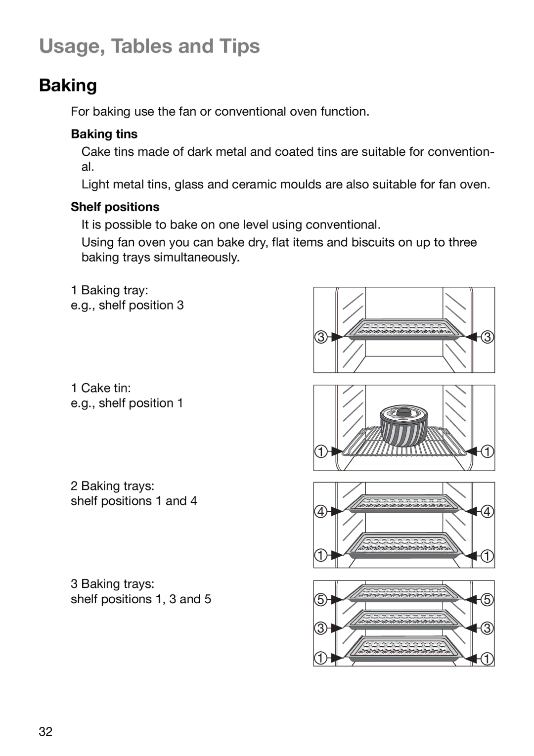 Electrolux EOC6690 manual Usage, Tables and Tips, Baking tins, Shelf positions 