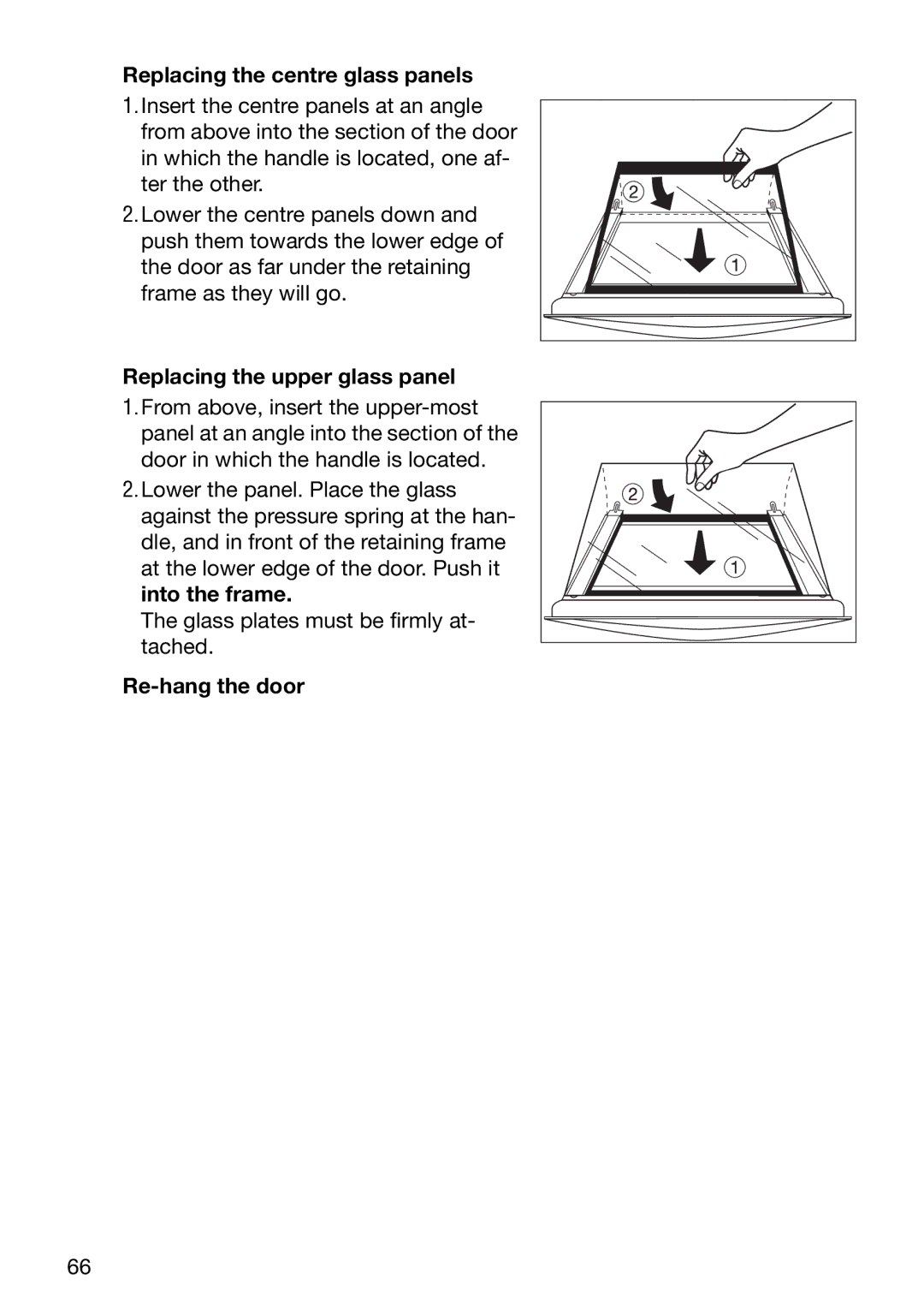 Electrolux EOC6690 manual Replacing the centre glass panels, Replacing the upper glass panel, Re-hang the door 