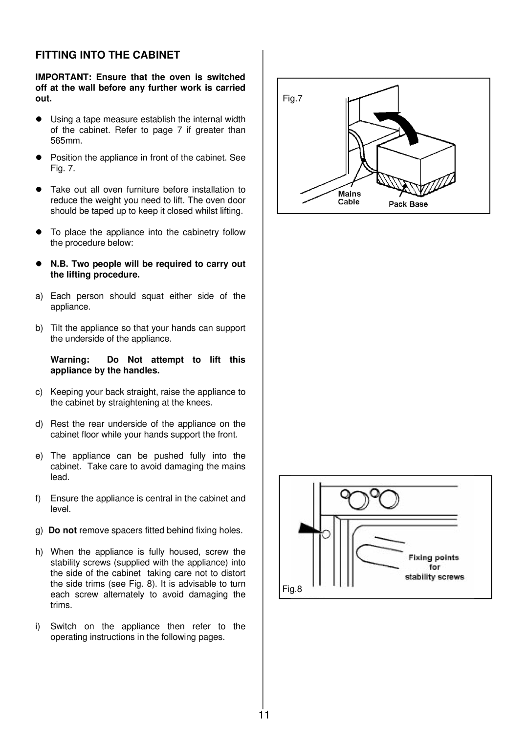 Electrolux EOD 984 manual Fitting Into the Cabinet 