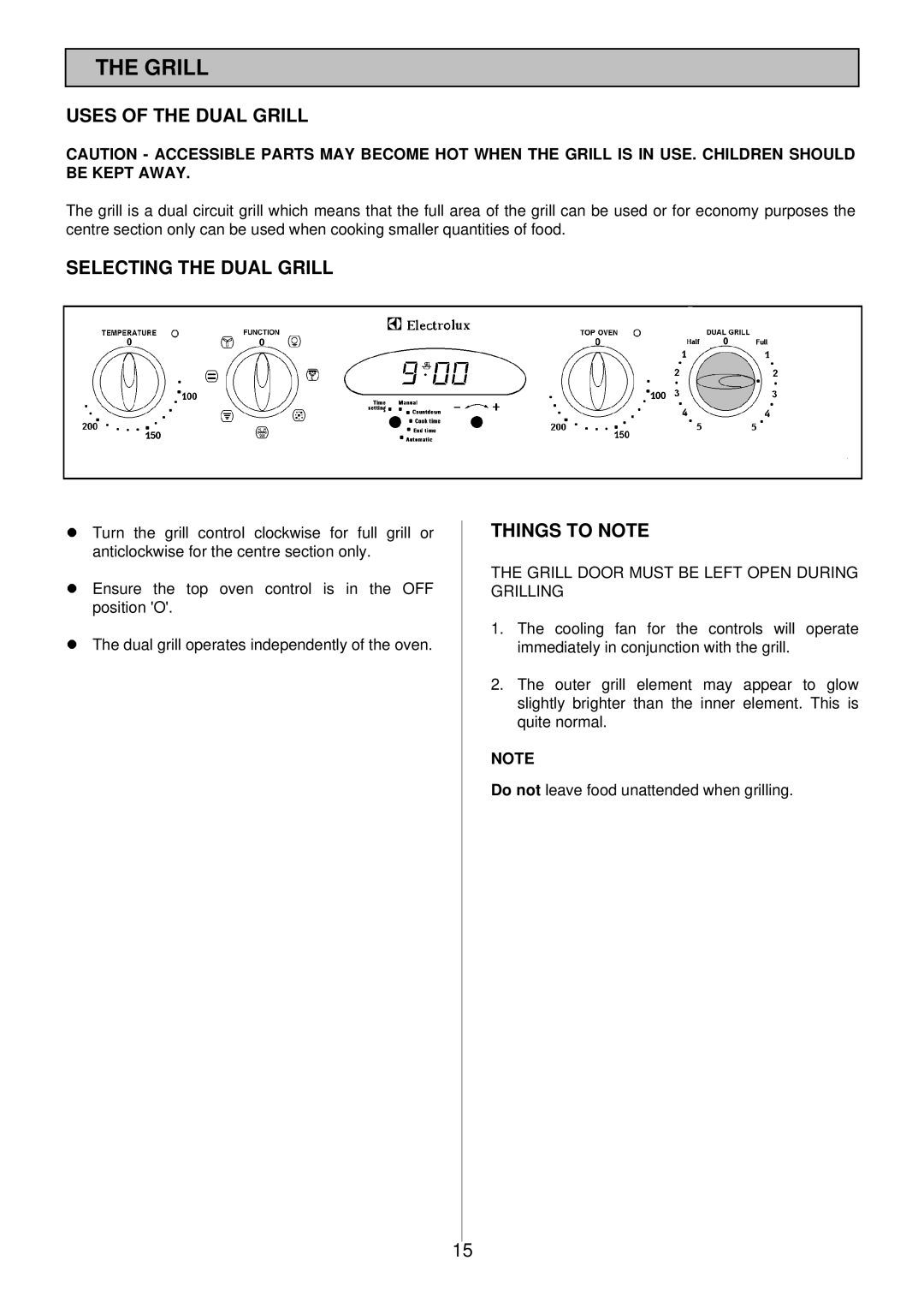 Electrolux EOD 984 manual Uses of the Dual Grill, Selecting the Dual Grill, Things to Note 