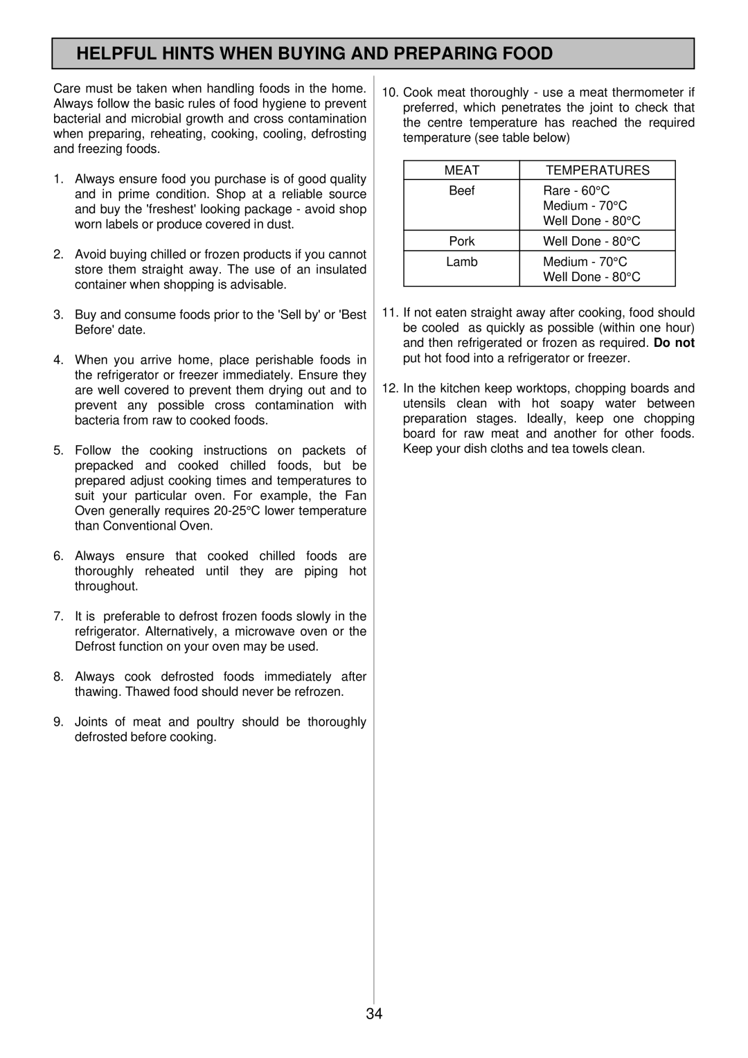 Electrolux EOD 984 manual Helpful Hints When Buying and Preparing Food, Meat Temperatures 