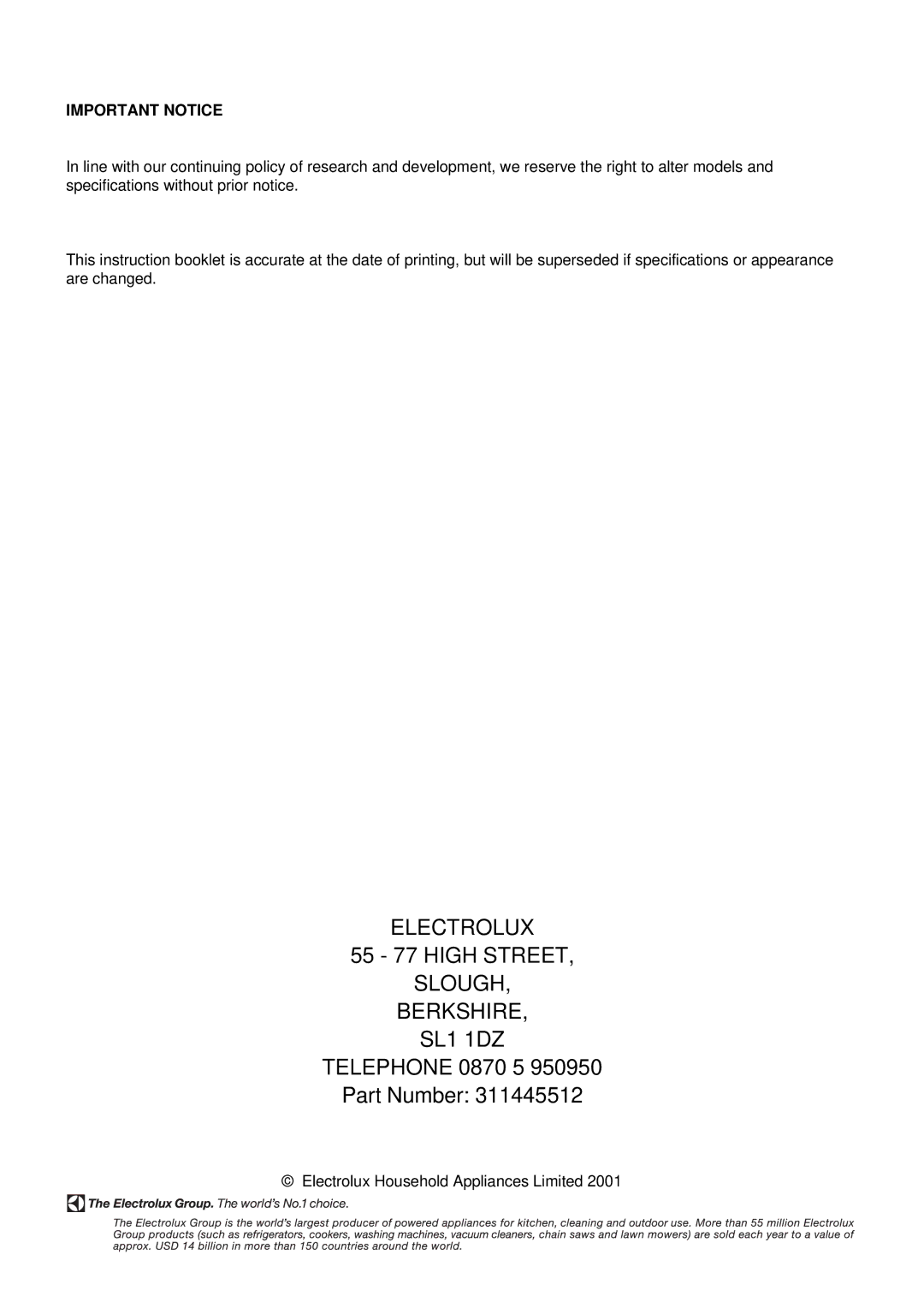 Electrolux EOD 984 manual Important Notice 