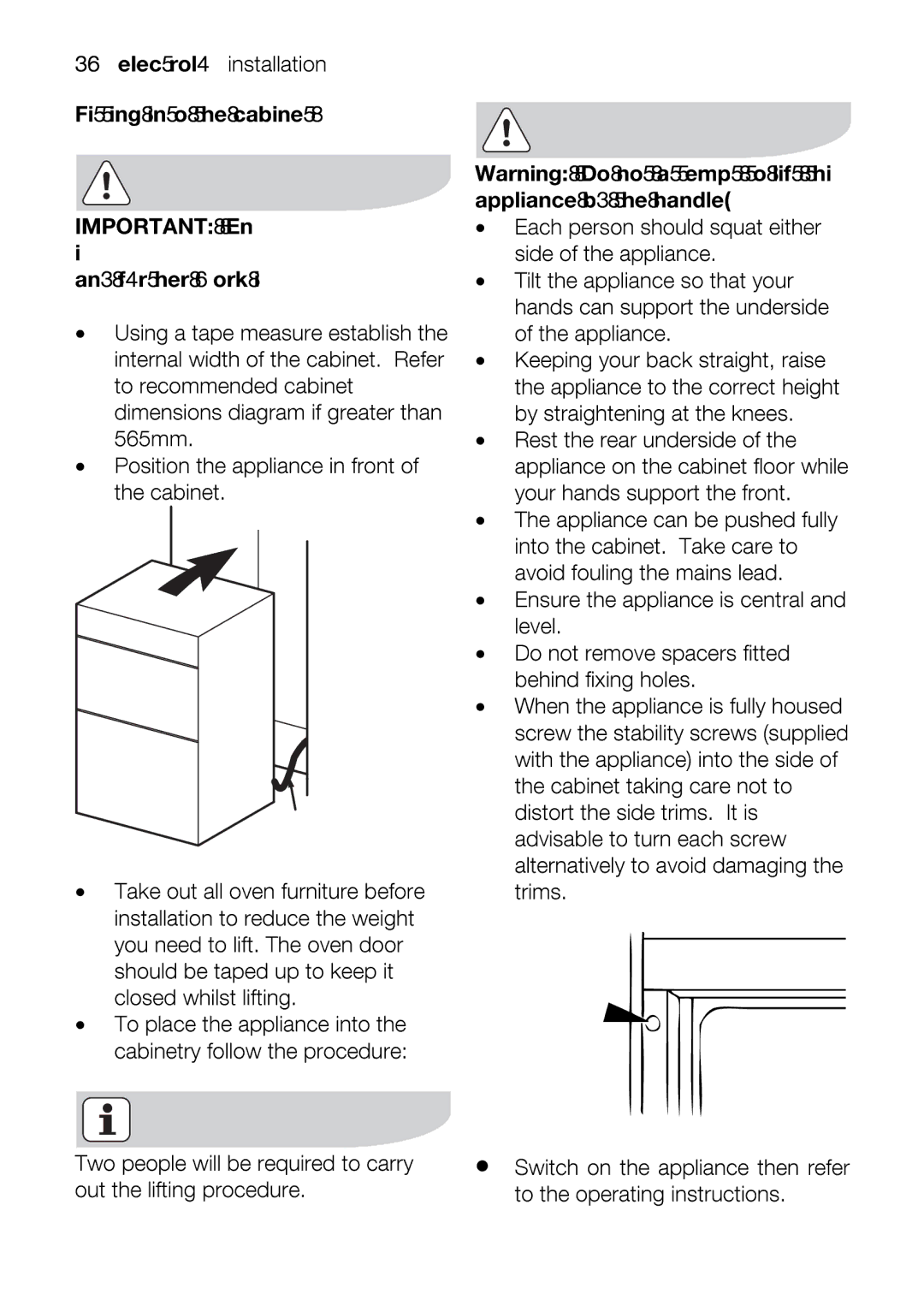 Electrolux EOD33002 user manual Ensure.level theappliancecentraland, ThePositioncabinetthe. frontof 