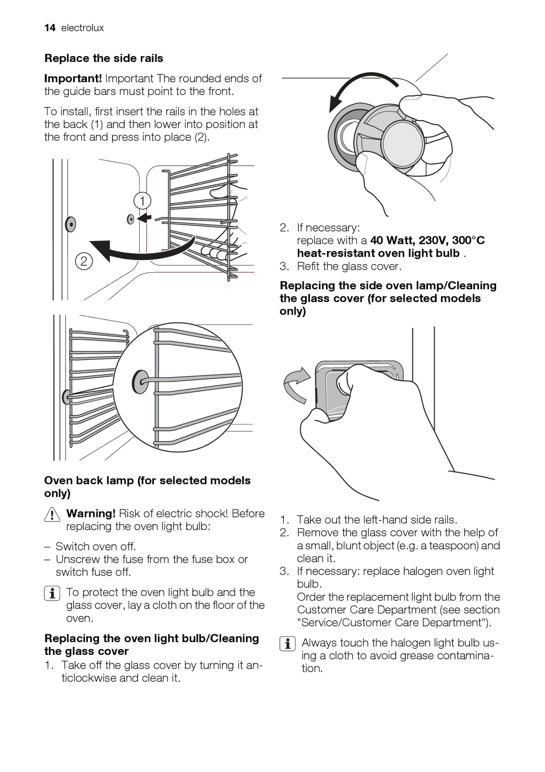 Electrolux EOD33003 user manual Replace the side rails, Oven back lamp for selected models only, Refit the glass cover 