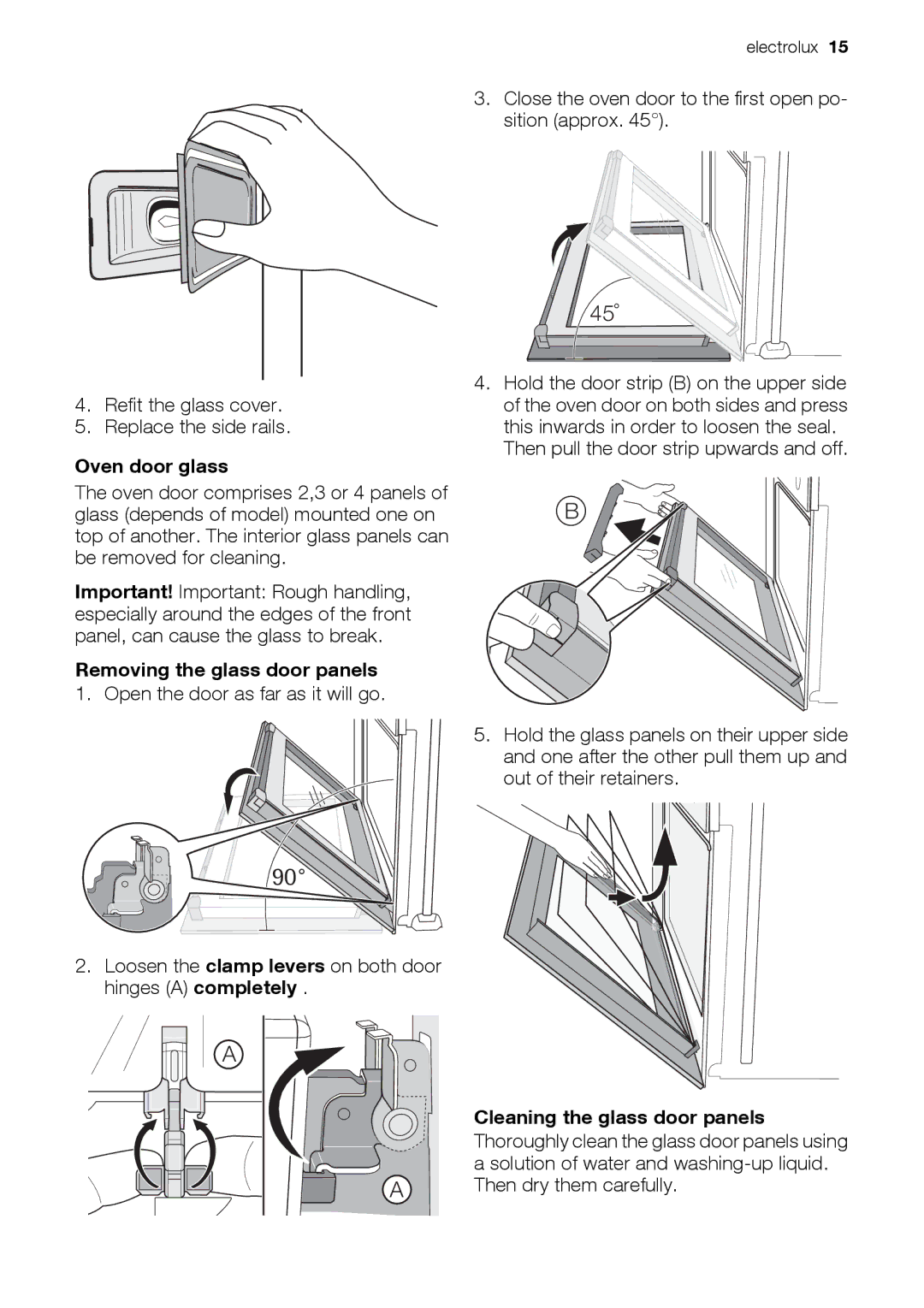 Electrolux EOD33003 user manual Oven door glass, Removing the glass door panels, Cleaning the glass door panels 