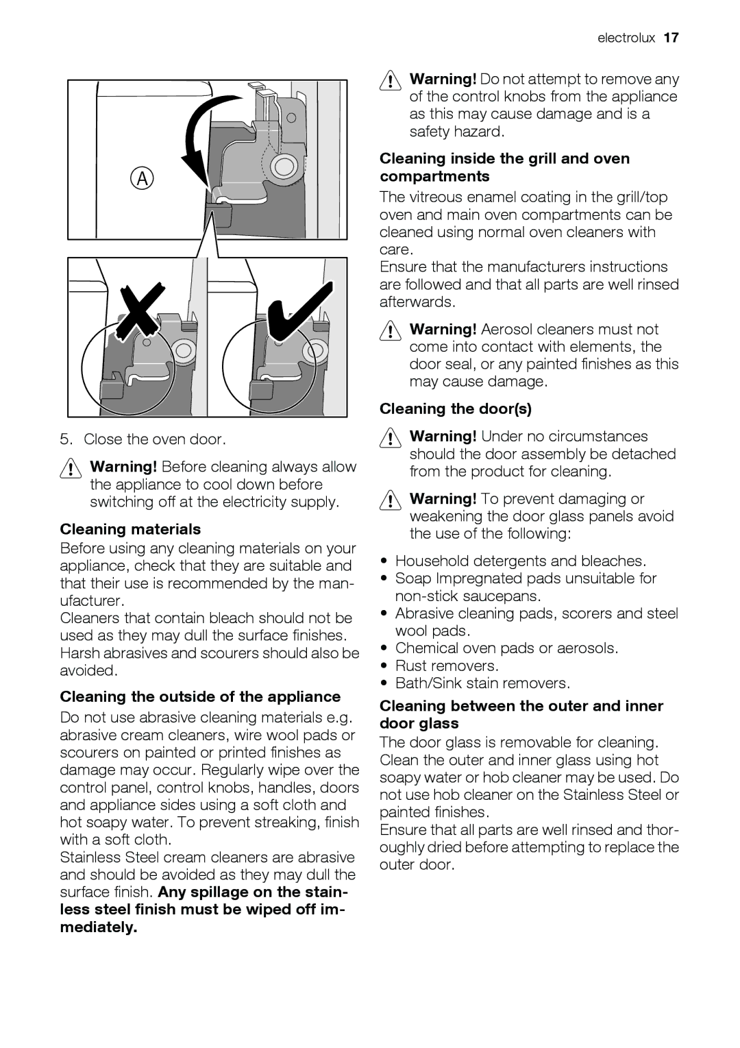 Electrolux EOD33003 user manual Cleaning materials, Cleaning the outside of the appliance, Cleaning the doors 