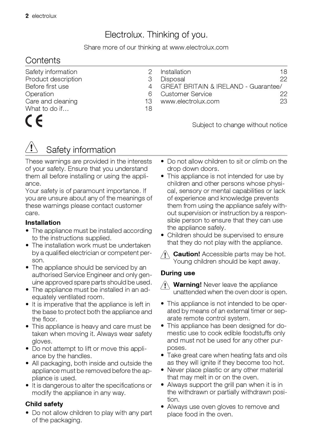 Electrolux EOD33003 user manual Electrolux. Thinking of you Contents, Safety information 