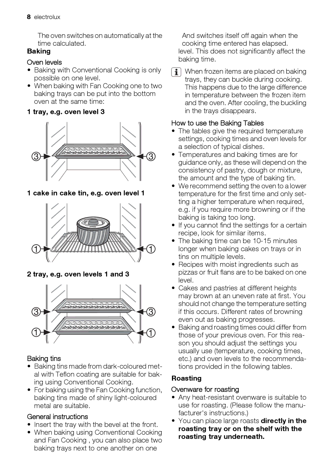 Electrolux EOD33003 Baking Oven levels, General instructions, How to use the Baking Tables, Roasting Ovenware for roasting 