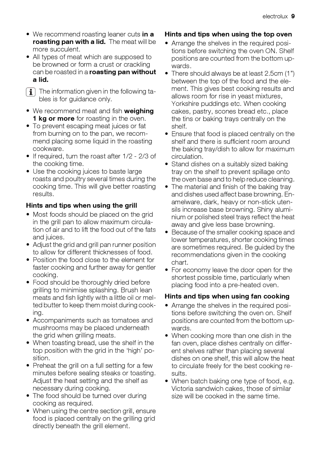 Electrolux EOD33003 user manual Hints and tips when using the grill, Hints and tips when using the top oven 