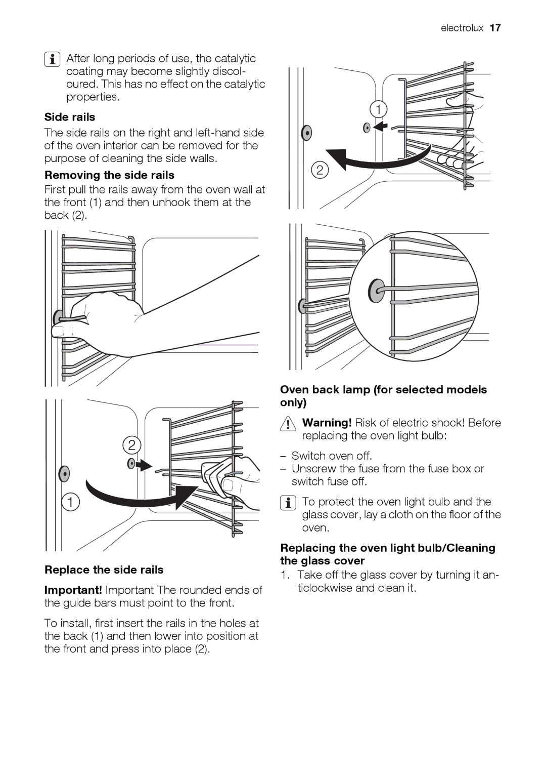 Electrolux EOD43103 Side rails, Removing the side rails, Replace the side rails, Oven back lamp for selected models only 