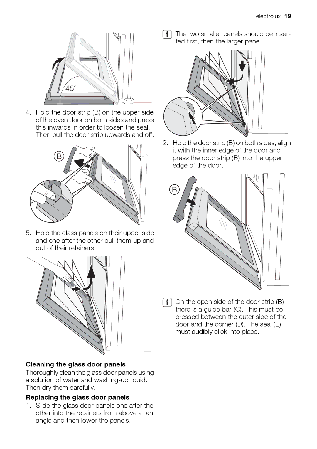 Electrolux EOD43103 user manual Cleaning the glass door panels, Replacing the glass door panels 