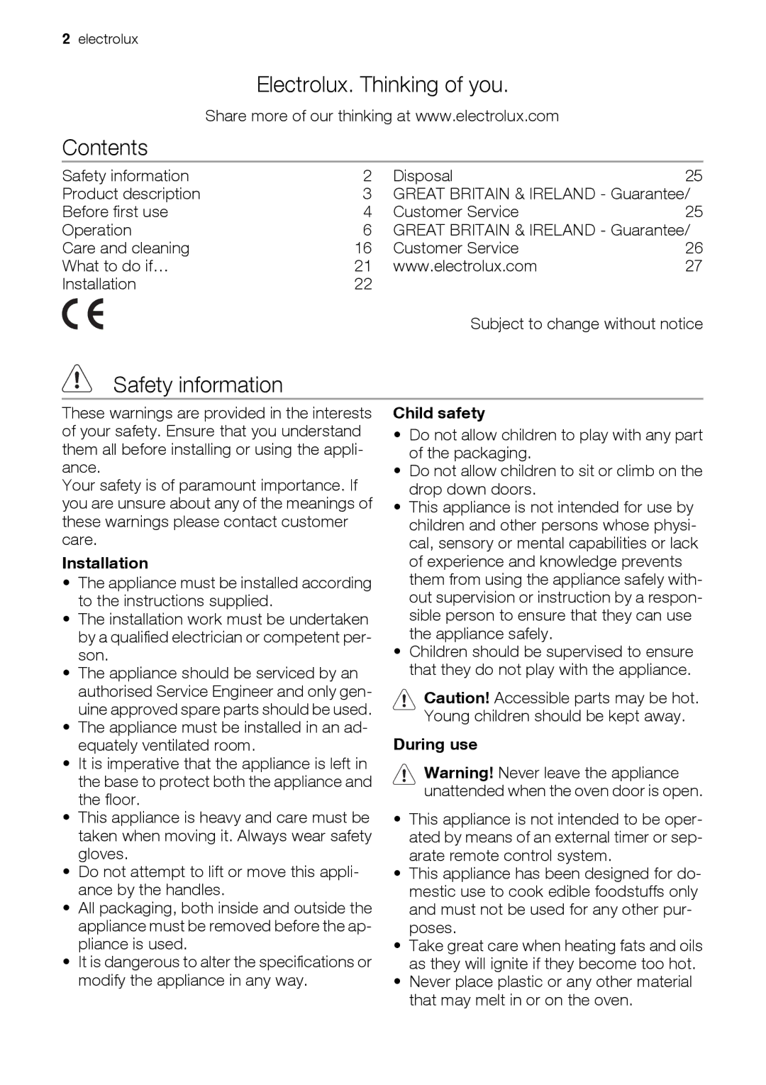 Electrolux EOD43103 user manual Electrolux. Thinking of you Contents, Safety information 