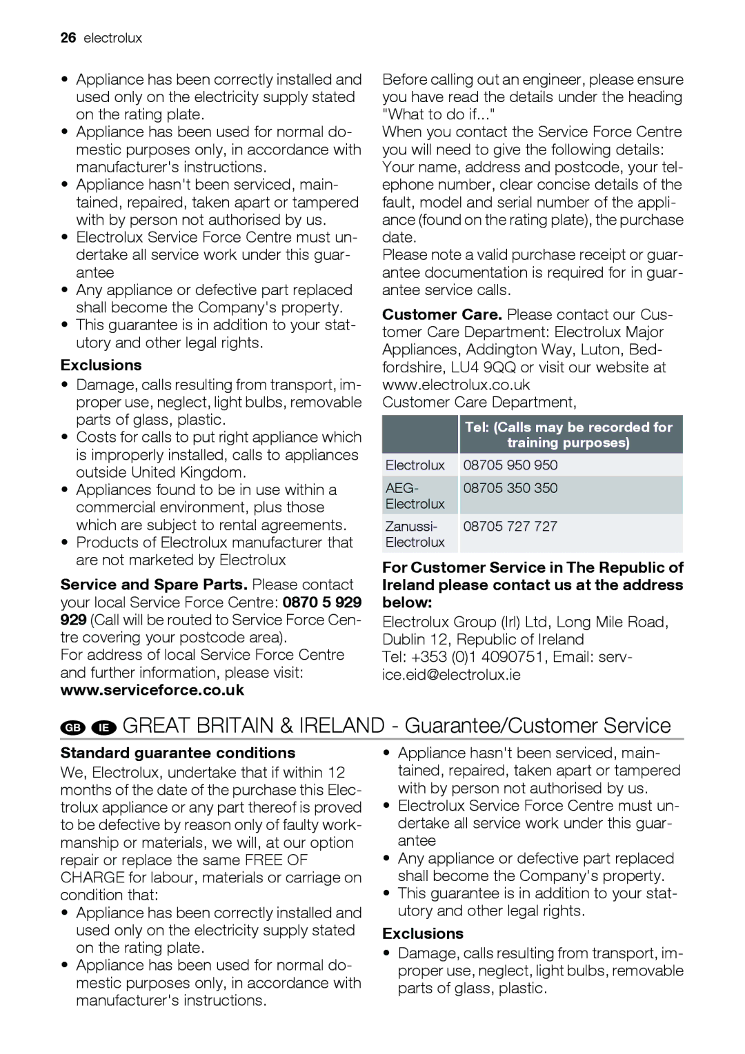 Electrolux EOD43103 user manual Exclusions, Training purposes 