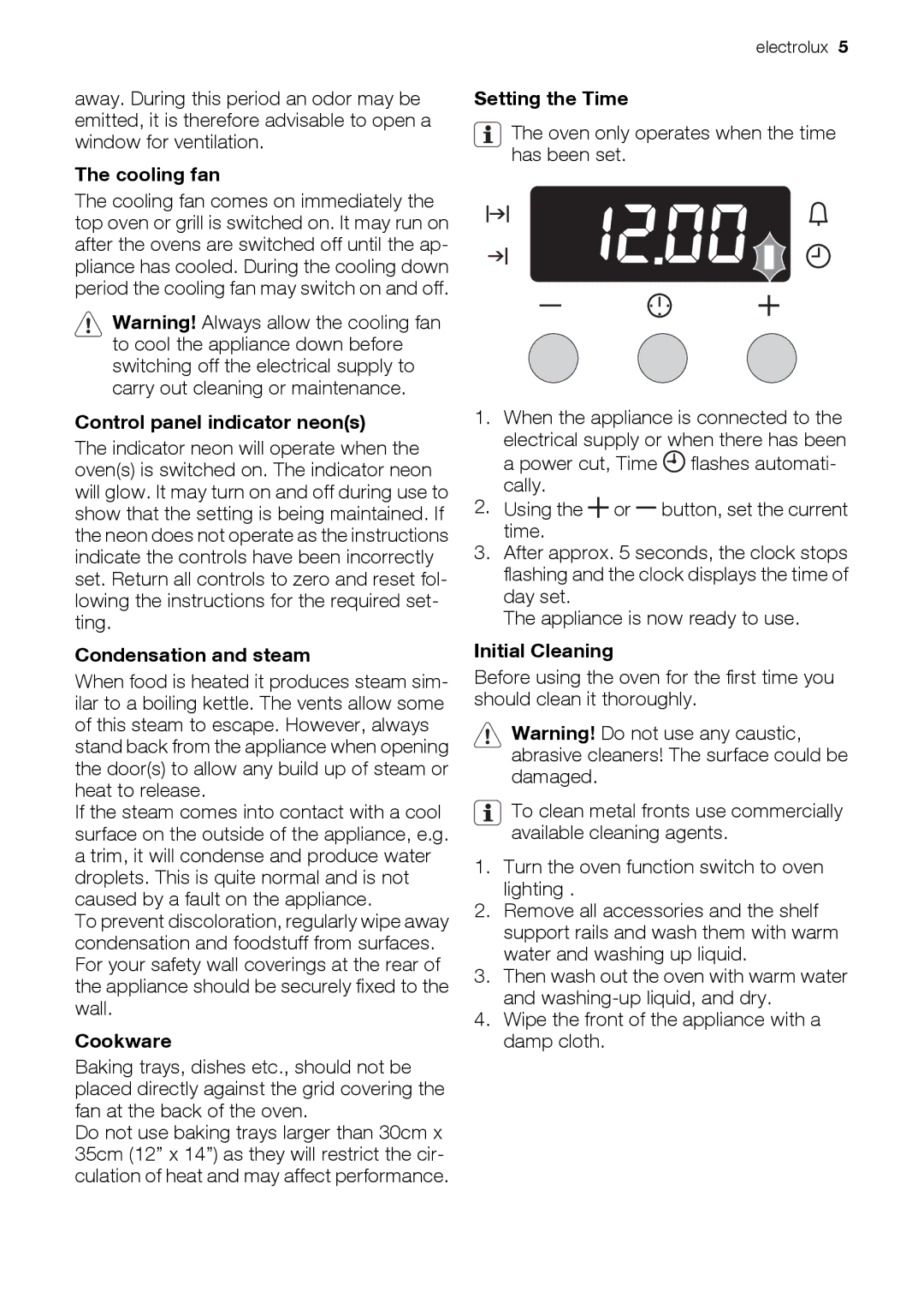 Electrolux EOD43103 Cooling fan, Control panel indicator neons, Condensation and steam, Cookware, Setting the Time 