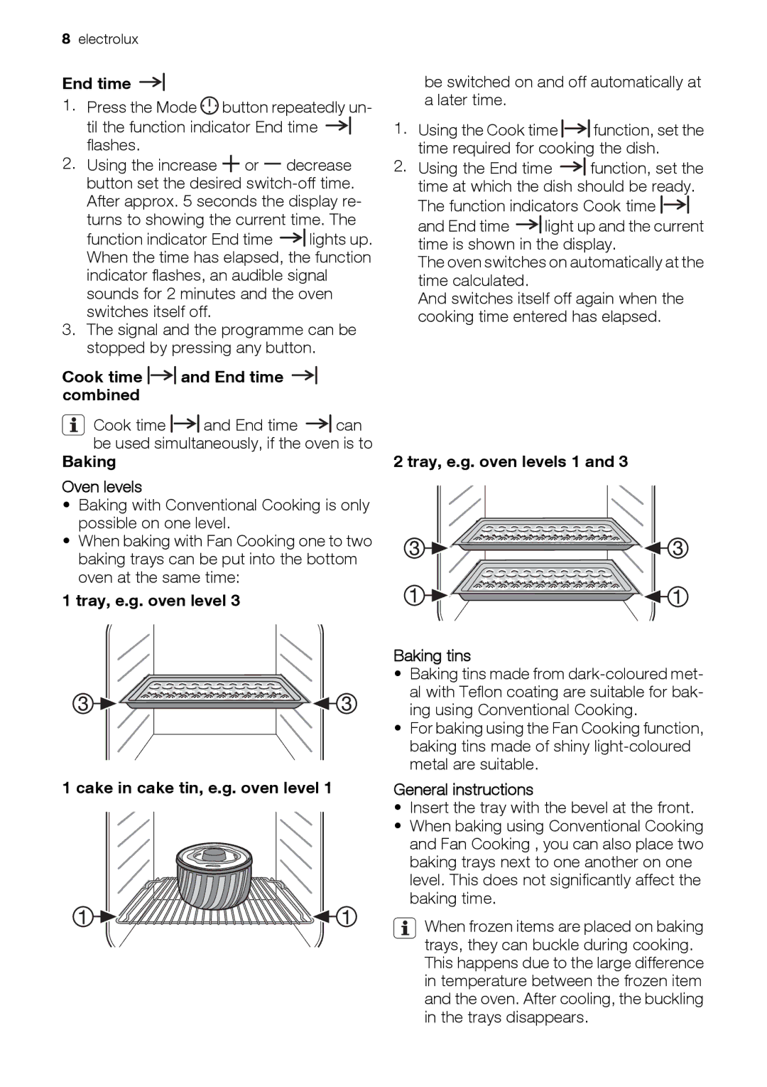 Electrolux EOD43103 Cook time and End time combined, Baking Oven levels, Tray, e.g. oven levels 1 Baking tins 