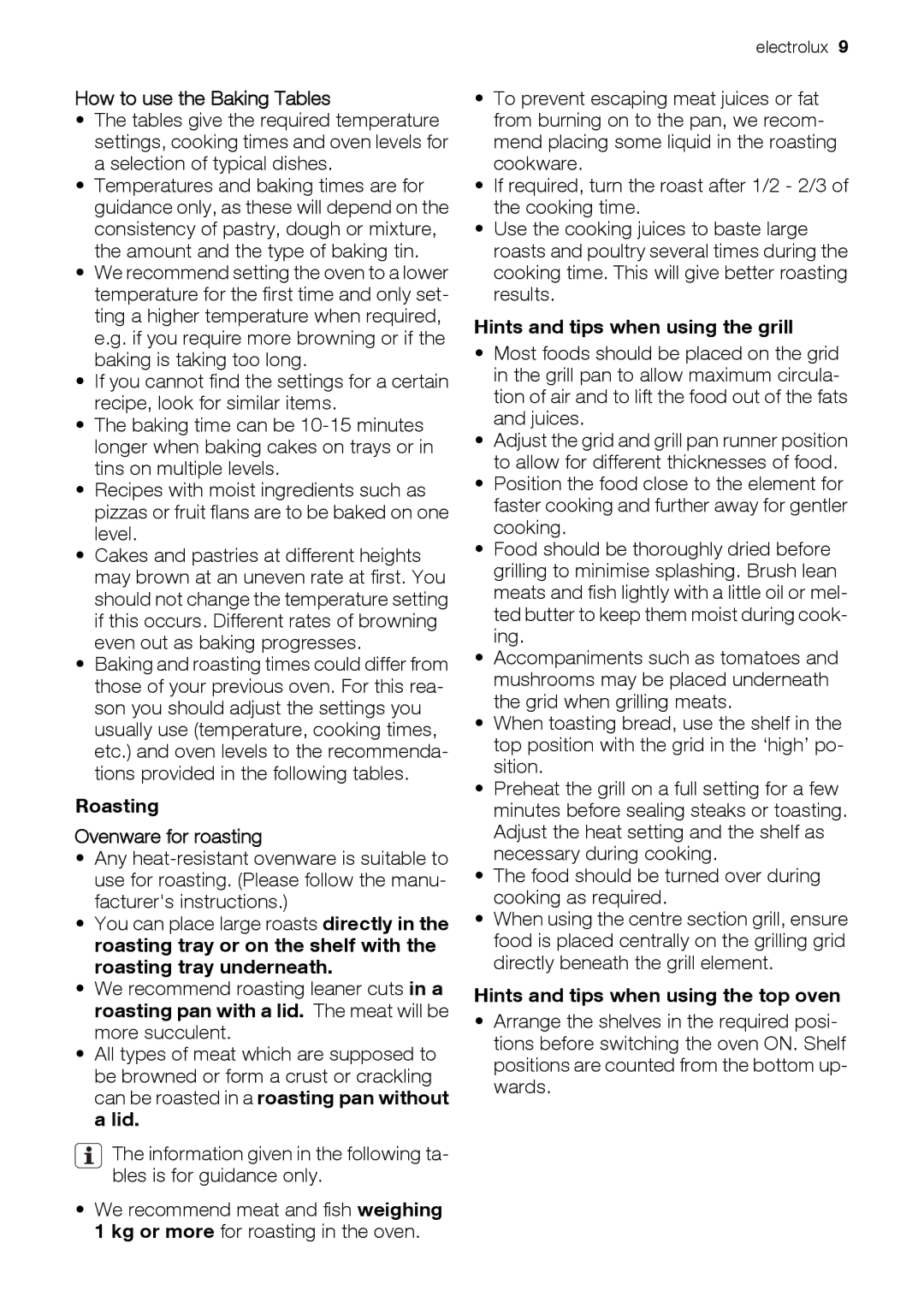 Electrolux EOD43103 How to use the Baking Tables, Roasting Ovenware for roasting, Hints and tips when using the grill 