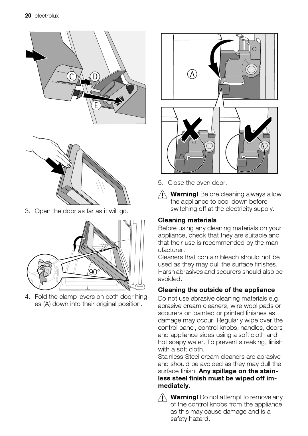Electrolux EOD43103 user manual Cleaning materials, Cleaning the outside of the appliance, C D E 