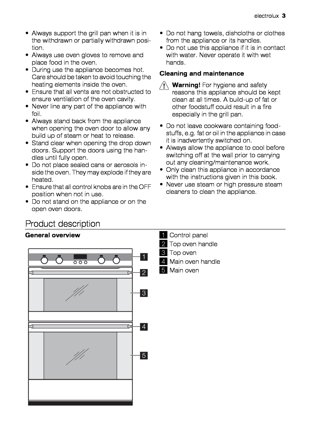 Electrolux EOD43103 Product description, Cleaning and maintenance, General overview, Control panel, Top oven handle 