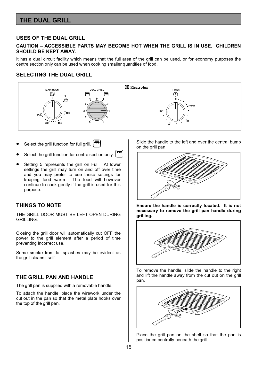 Electrolux EOD5310 manual Uses of the Dual Grill, Selecting the Dual Grill, Things to Note, Grill PAN and Handle 