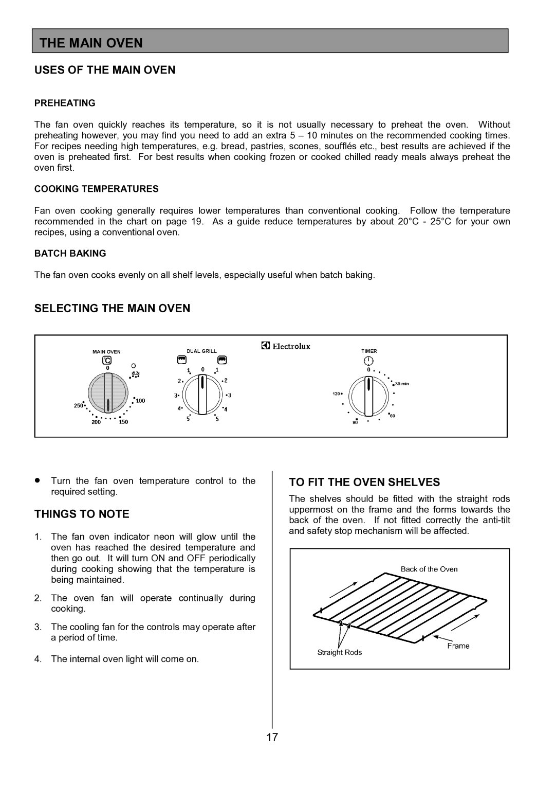 Electrolux EOD5310 manual Uses of the Main Oven, Selecting the Main Oven, To FIT the Oven Shelves 