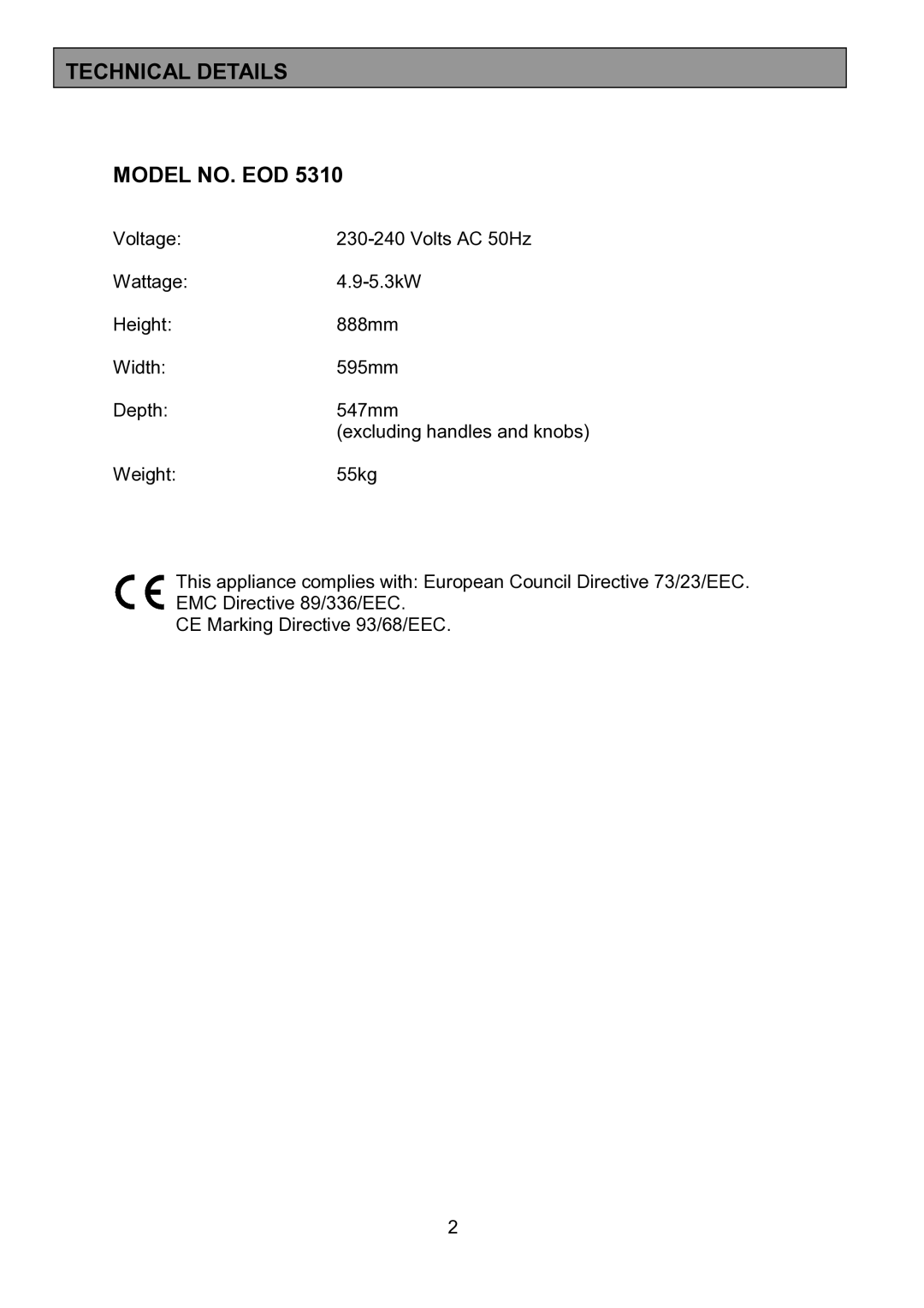 Electrolux EOD5310 manual Technical Details Model NO. EOD 