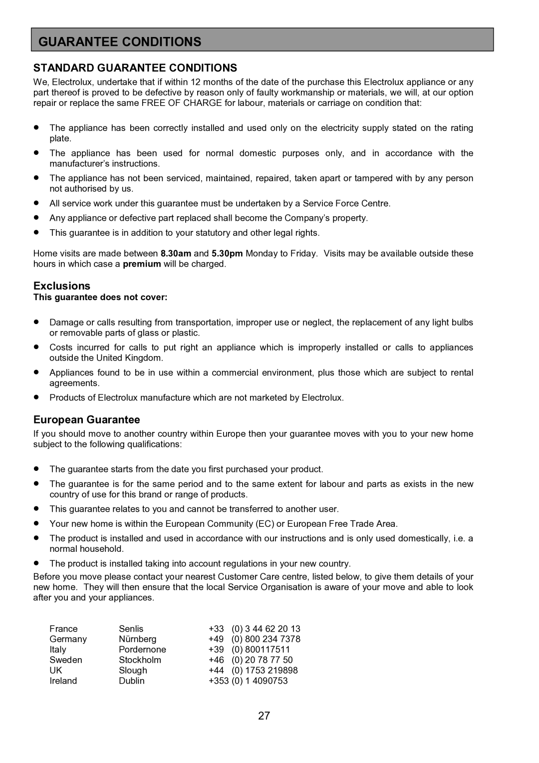 Electrolux EOD5310 manual Standard Guarantee Conditions 