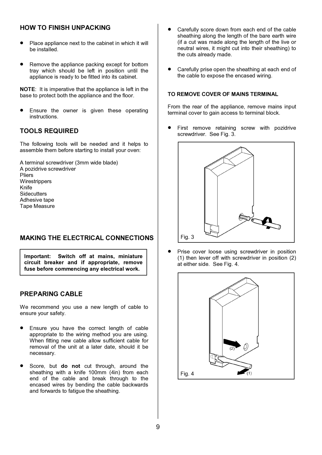 Electrolux EOD5310 manual HOW to Finish Unpacking, Tools Required, Making the Electrical Connections, Preparing Cable 