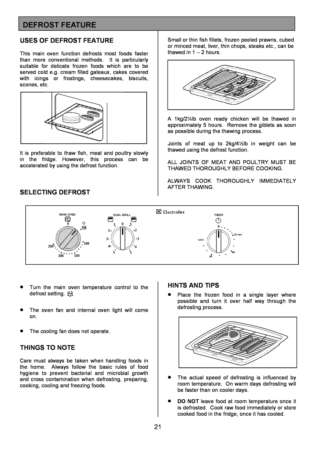 Electrolux EOD5310 manual Uses Of Defrost Feature, Selecting Defrost, Things To Note, Hints And Tips 