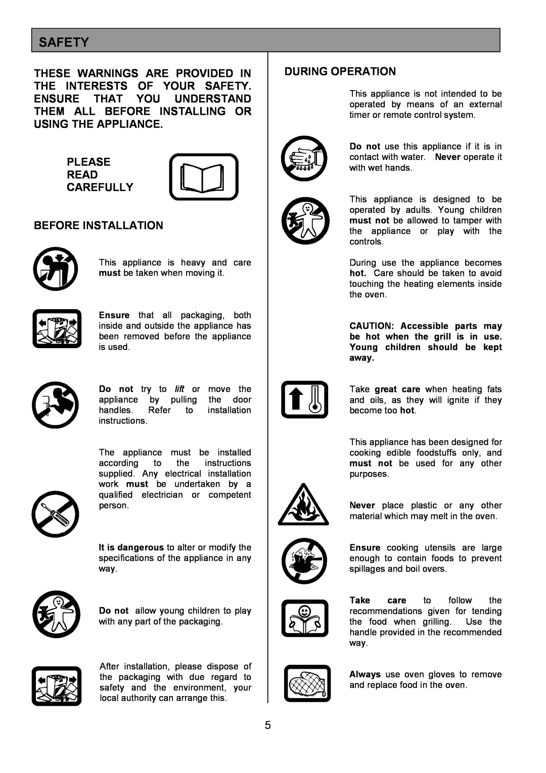 Electrolux EOD5310 manual Safety, Please Read Carefully Before Installation, During Operation 