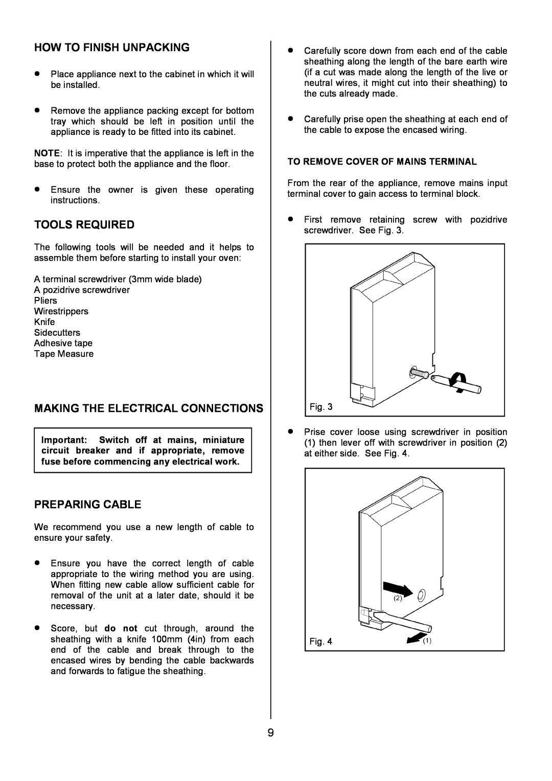Electrolux EOD5310 manual How To Finish Unpacking, Tools Required, Making The Electrical Connections, Preparing Cable 