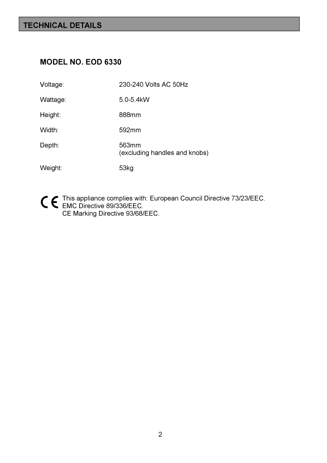 Electrolux EOD6330 manual Technical Details Model NO. EOD 