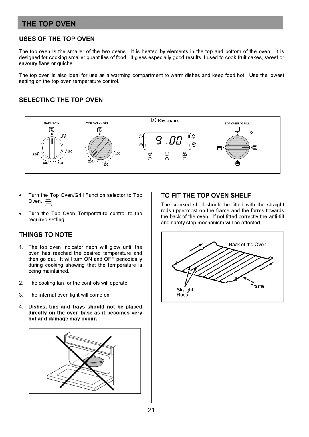 Electrolux EOD6330 manual Uses of the TOP Oven, Selecting the TOP Oven, To FIT the TOP Oven Shelf 