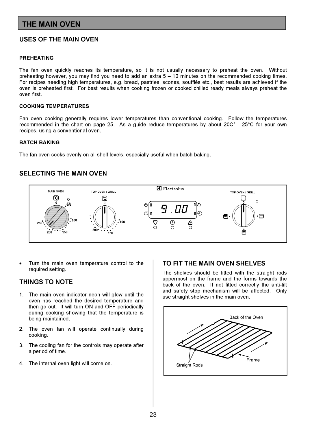 Electrolux EOD6330 manual Uses of the Main Oven, Selecting the Main Oven, To FIT the Main Oven Shelves 