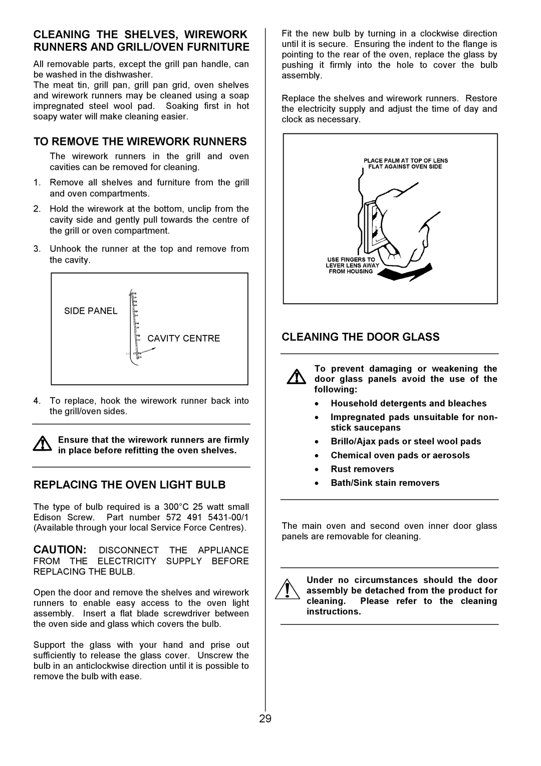 Electrolux EOD6330 manual To Remove the Wirework Runners, Replacing the Oven Light Bulb, Cleaning the Door Glass 