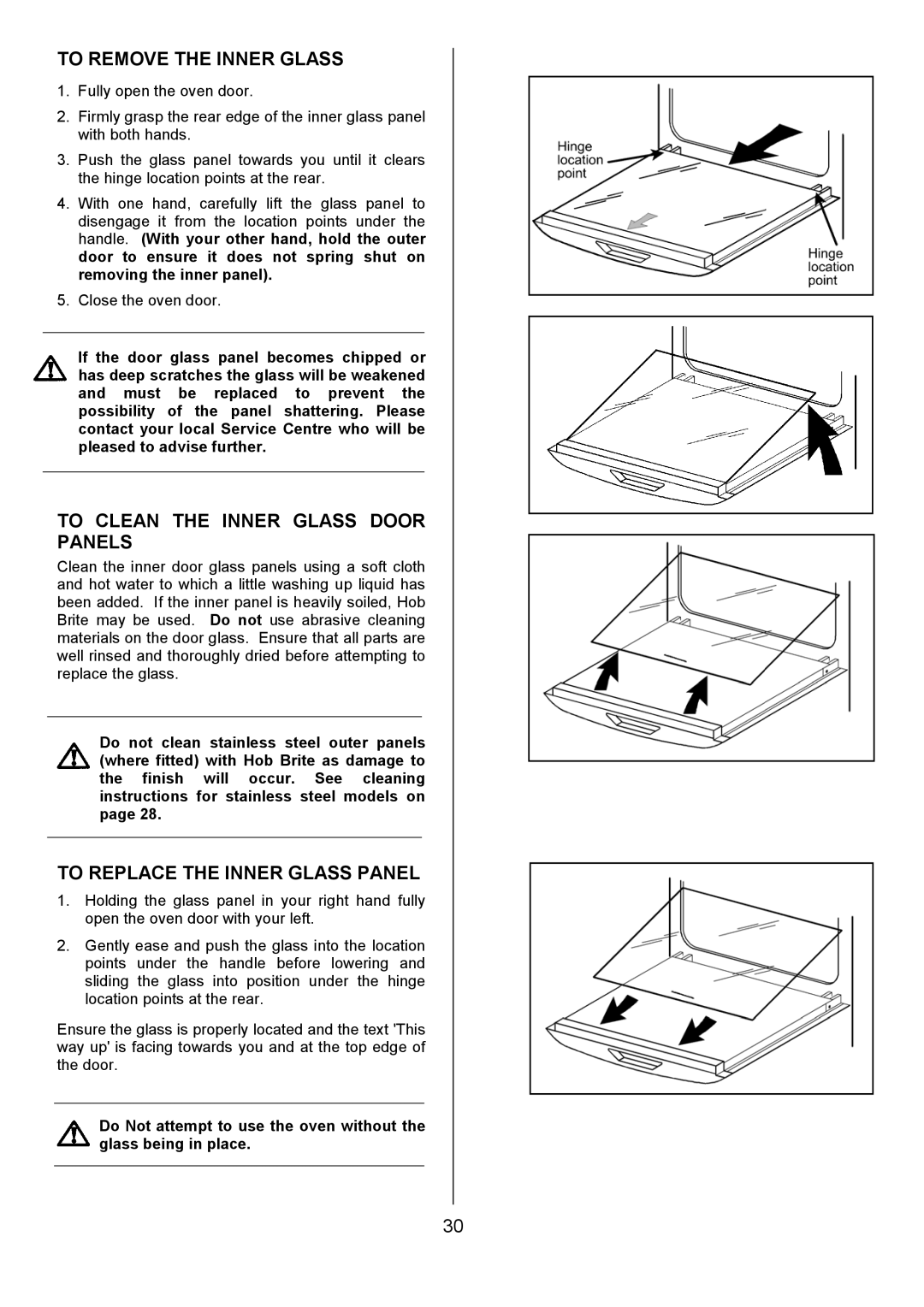 Electrolux EOD6330 manual To Remove the Inner Glass, To Clean the Inner Glass Door Panels, To Replace the Inner Glass Panel 