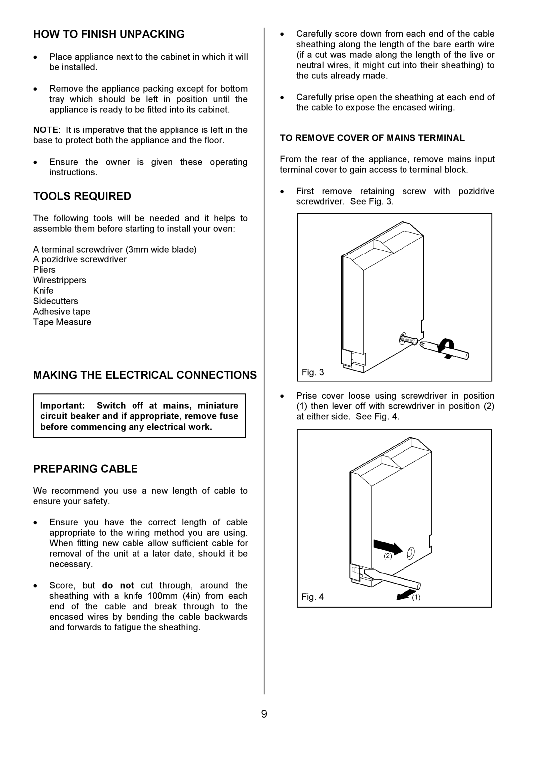 Electrolux EOD6330 manual HOW to Finish Unpacking, Tools Required, Making the Electrical Connections, Preparing Cable 