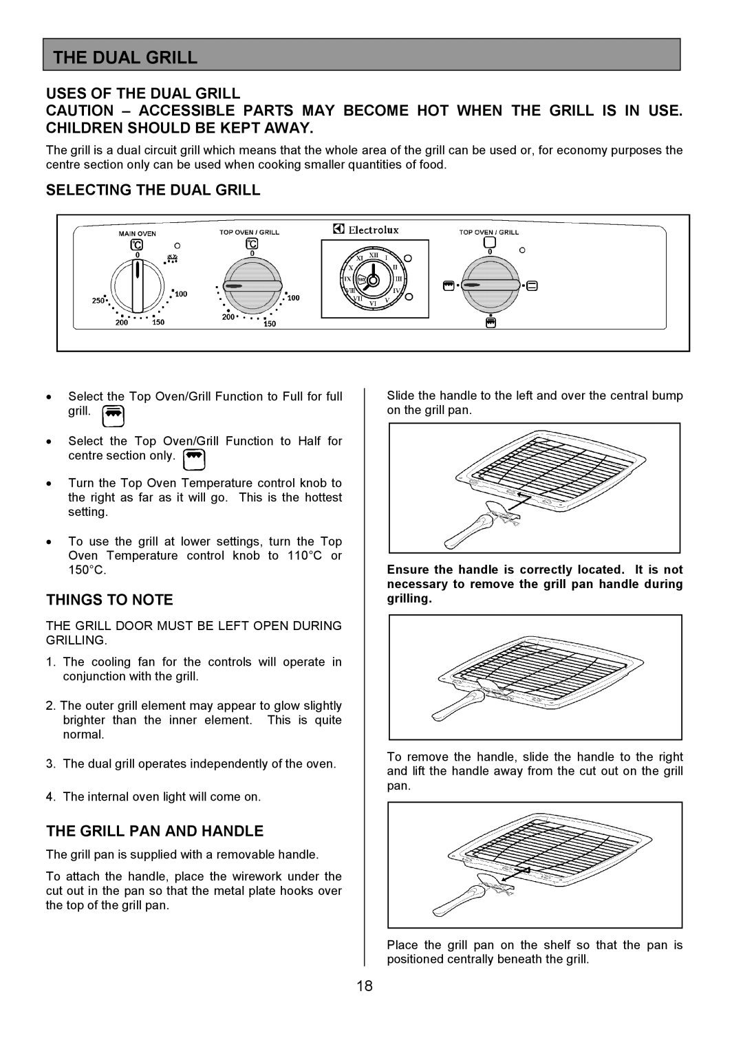 Electrolux EOD6365 manual Uses of the Dual Grill, Selecting the Dual Grill, Grill PAN and Handle 