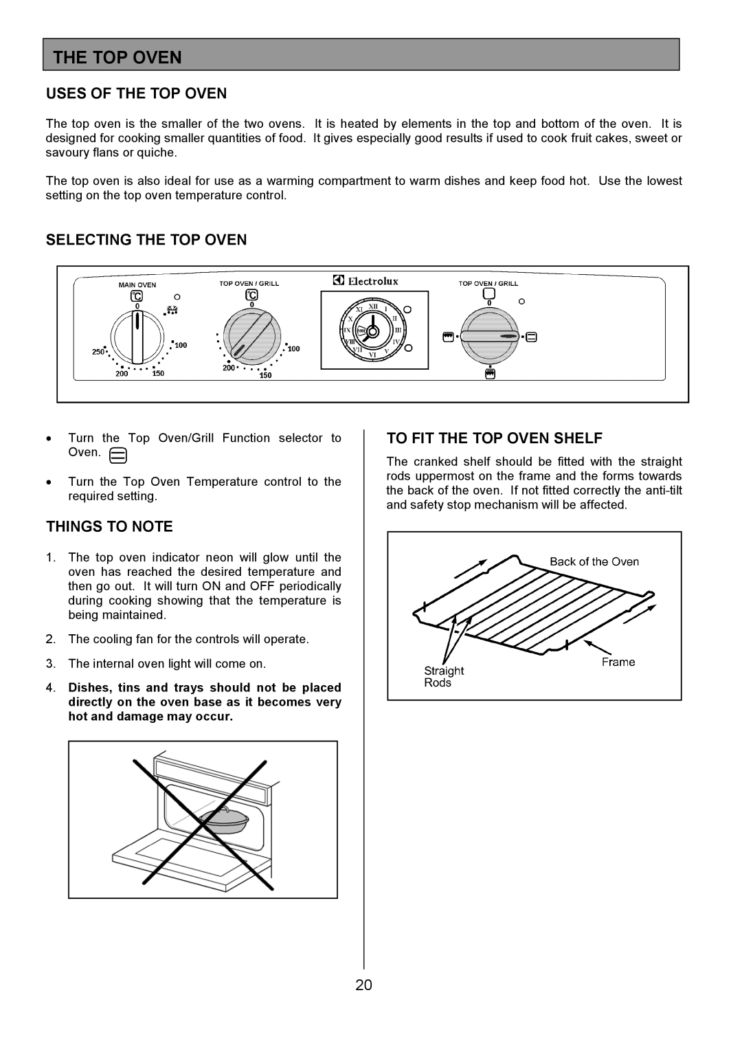 Electrolux EOD6365 manual Uses of the TOP Oven, Selecting the TOP Oven, To FIT the TOP Oven Shelf 