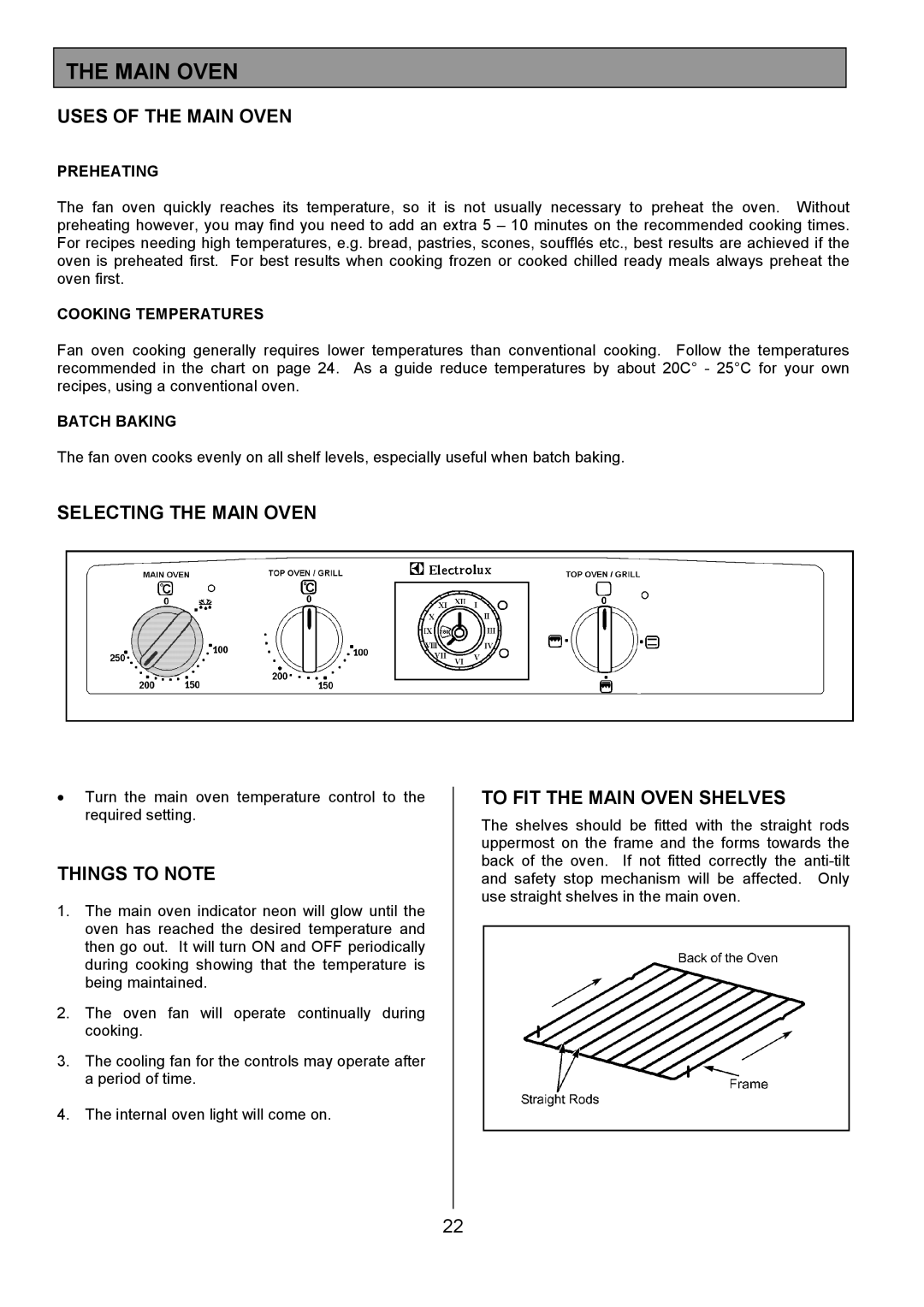 Electrolux EOD6365 manual Uses of the Main Oven, Selecting the Main Oven, To FIT the Main Oven Shelves 