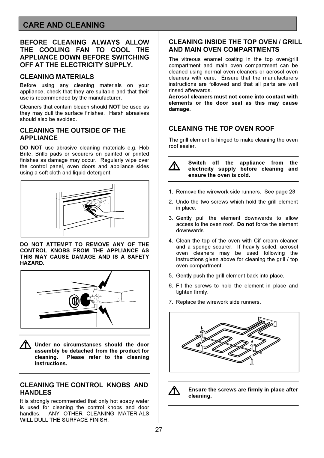 Electrolux EOD6365 manual Care and Cleaning, Cleaning the Outside of the Appliance, Cleaning the Control Knobs and Handles 