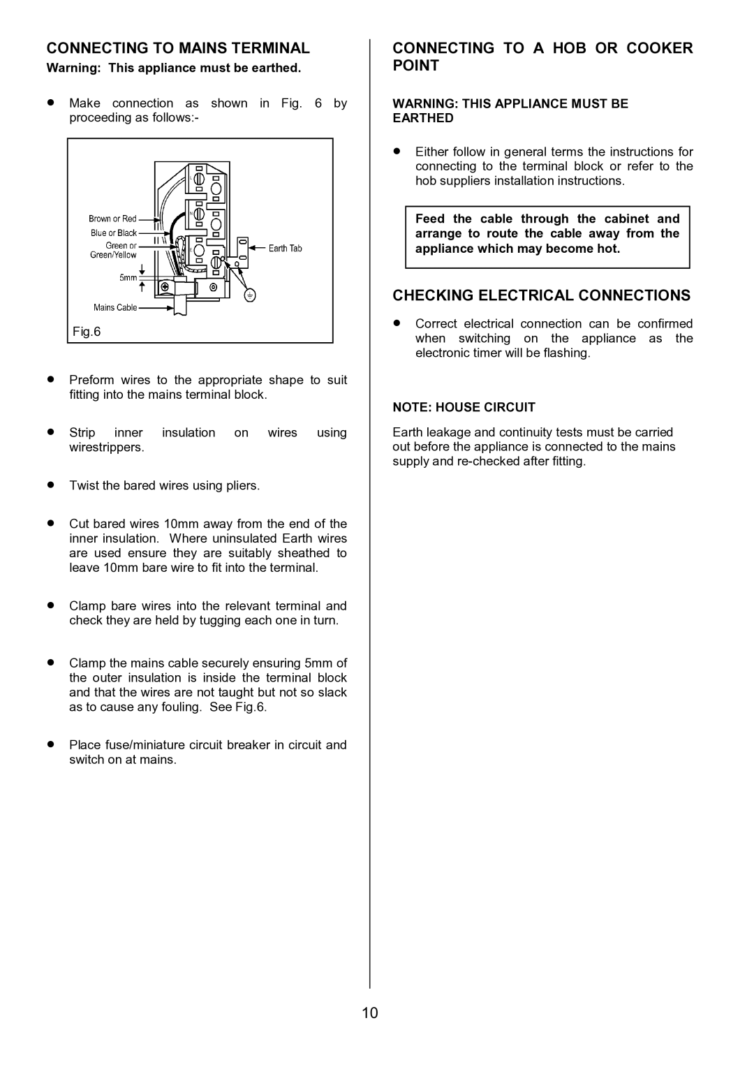 Electrolux EOD6390 Connecting to Mains Terminal, Connecting to a HOB or Cooker Point, Checking Electrical Connections 