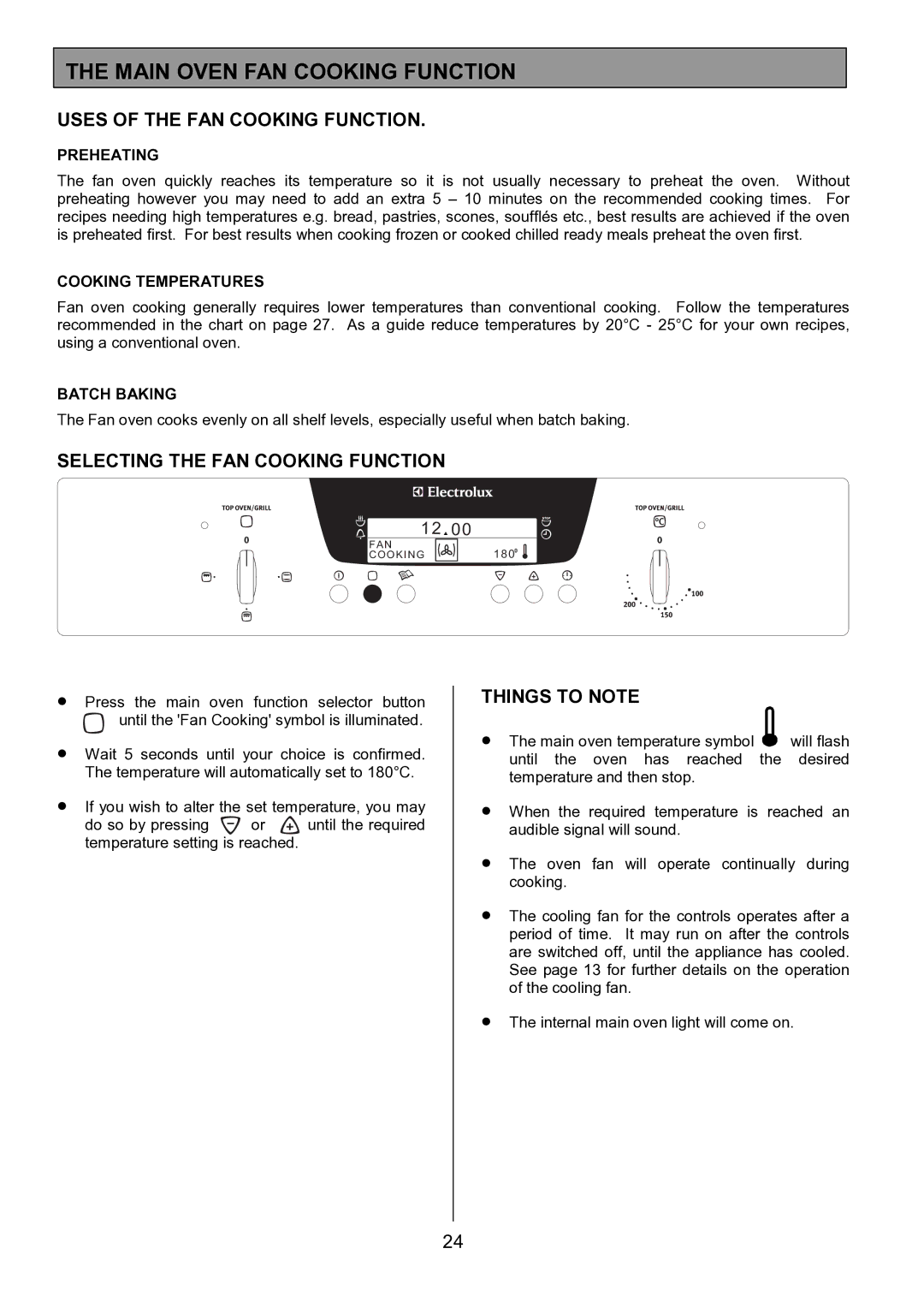 Electrolux EOD6390 Main Oven FAN Cooking Function, Uses of the FAN Cooking Function, Selecting the FAN Cooking Function 