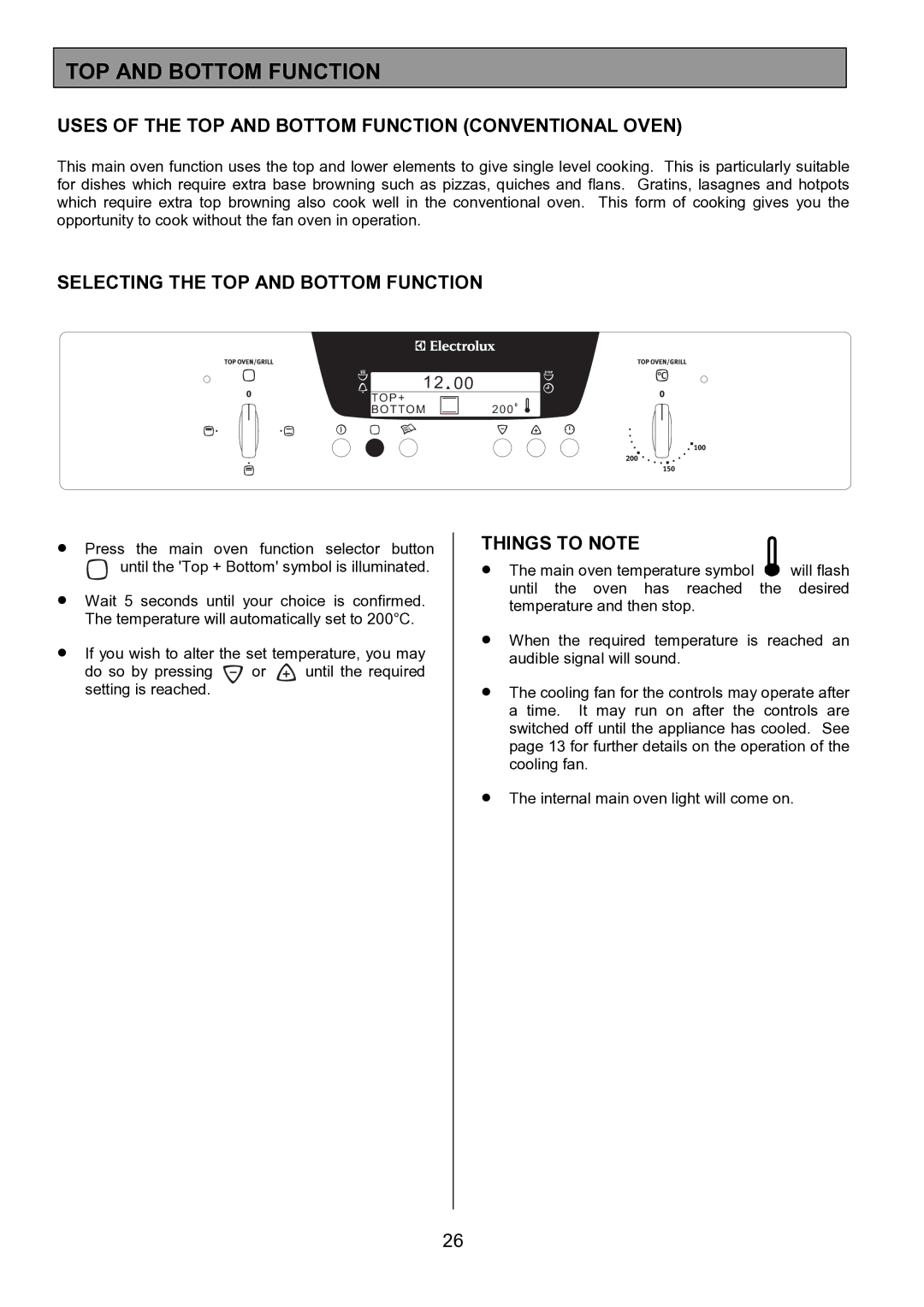 Electrolux EOD6390 manual Uses of the TOP and Bottom Function Conventional Oven, Selecting the TOP and Bottom Function 