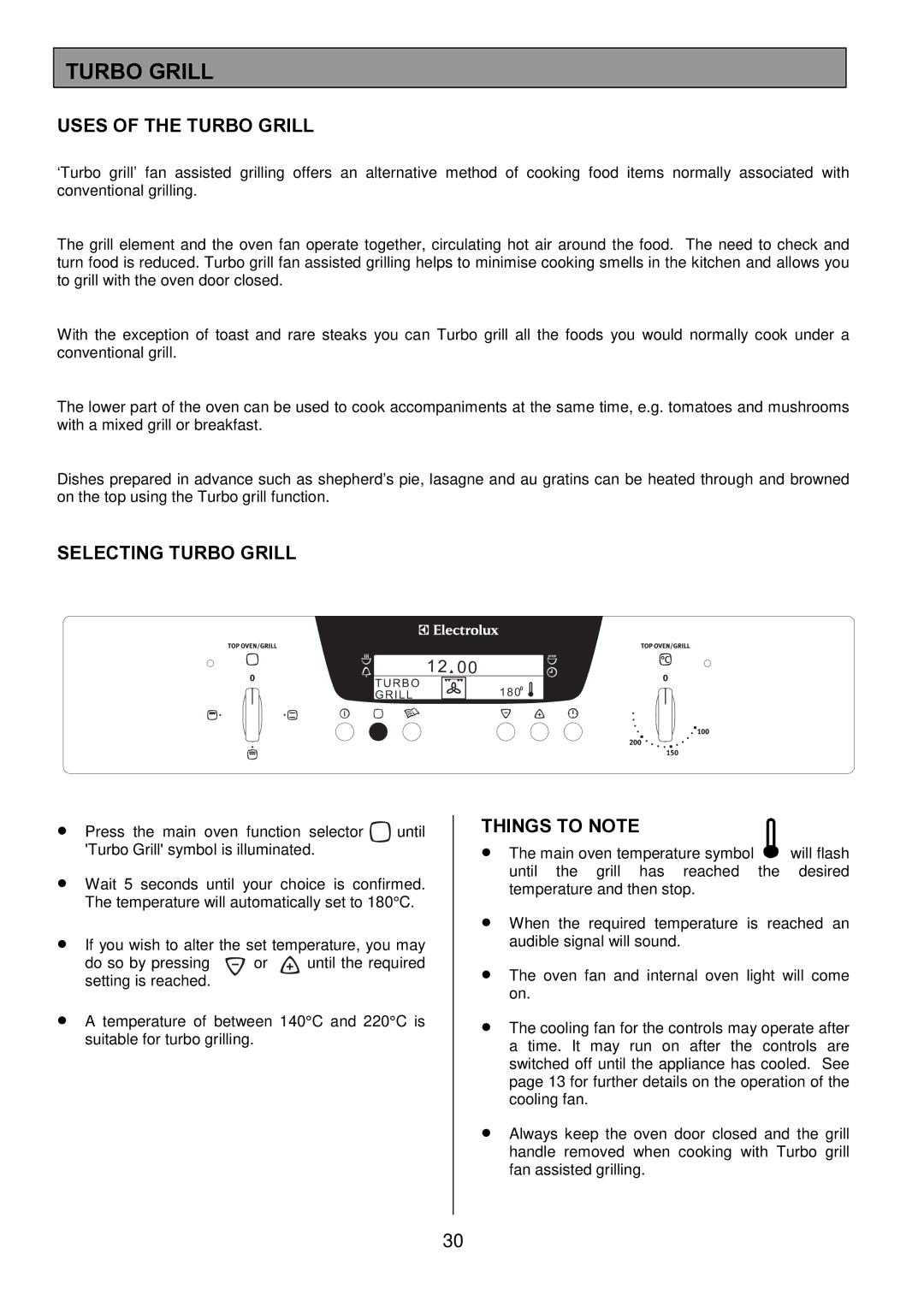 Electrolux EOD6390 manual Uses of the Turbo Grill, Selecting Turbo Grill 